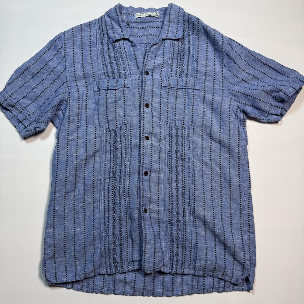 Criquet Shirt Mens Medium Blue‎ Embroidered Stripe Short Sleeve Button Up Casual